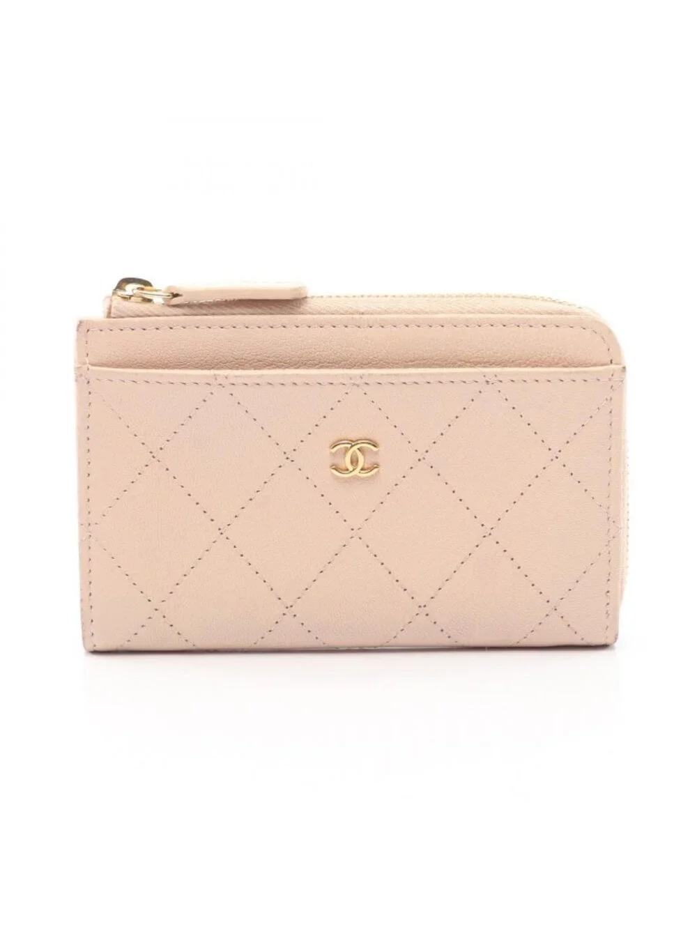 Chanel Coin Purse CC Logo Zip Card Case Pink Beige Leather Quilted Fragment